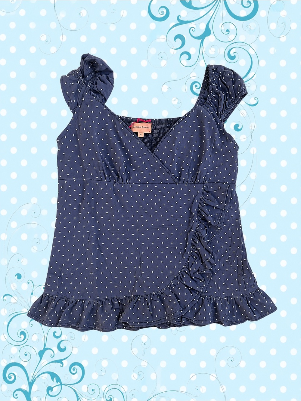Navy Polka Dot Ruffle Wrap Tank Top